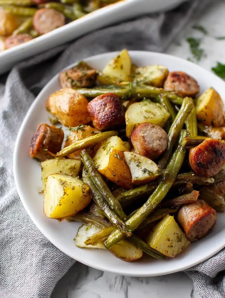 One pan sausage green beans and potatoes dish ready to serve.