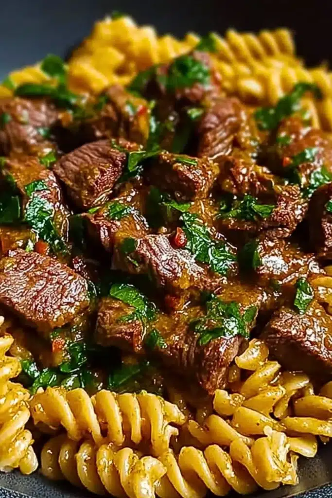 One Pot Creamy Spicy Garlic Butter Steak and Pasta dish with fresh herbs