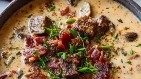 Delicious one-pot Philly cheesesteak soup topped with bacon and cheesy toast