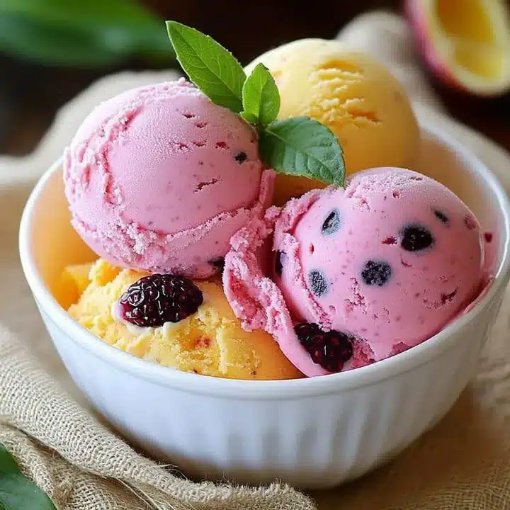 Delicious bowl of passion fruit ice cream topped with fresh fruit.