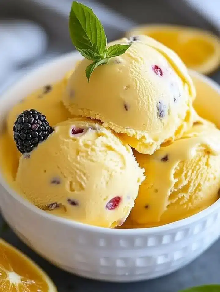Homemade passion fruit ice cream in a bowl with fresh passion fruit slices