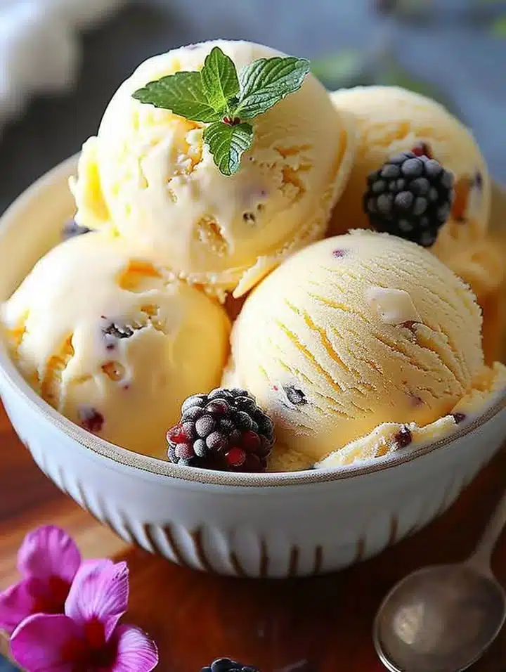 Delicious homemade passion fruit ice cream served in a bowl with fresh fruit