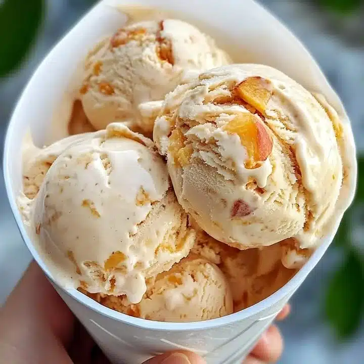 Delicious bowl of homemade peach cobbler ice cream topped with a peach slice