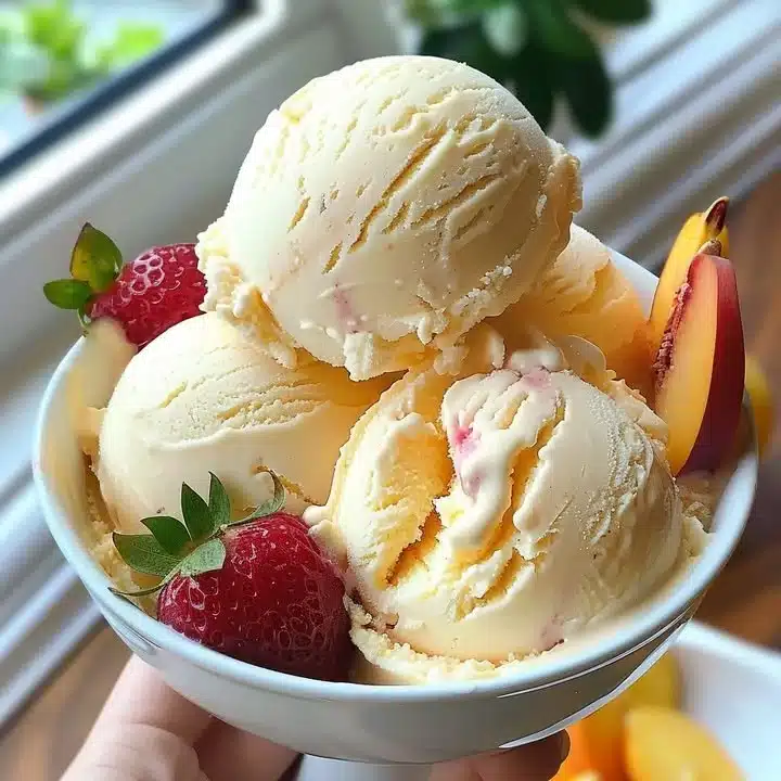 Delicious homemade Peach Hard Serve Ice Cream served in a bowl.