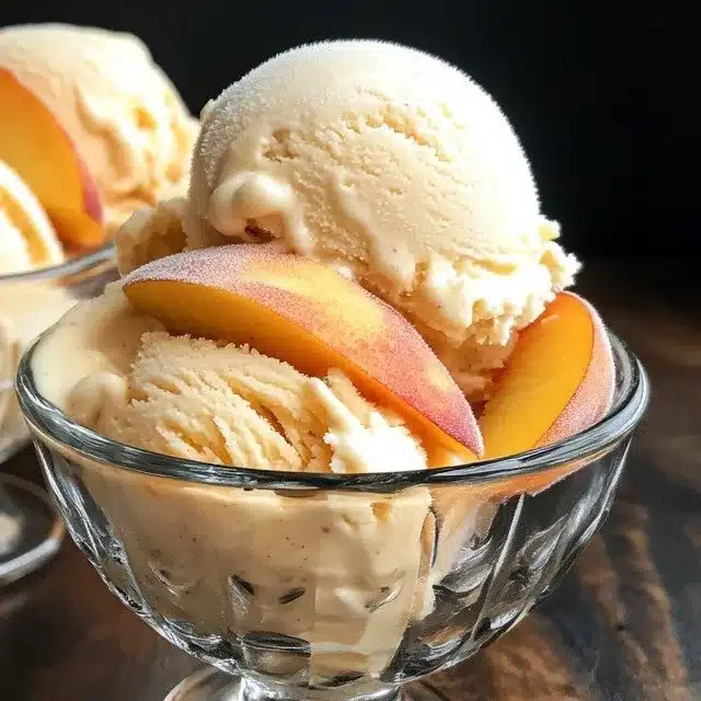 Scoop of Peach Macadamia Ice Cream garnished with fresh peaches and macadamia nuts