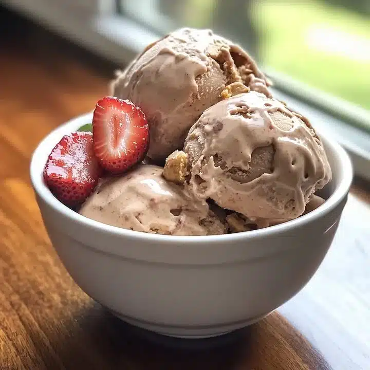 Delicious peanut butter strawberry ice cream topped with strawberries in a bowl
