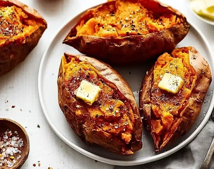 Perfectly baked sweet potatoes served on a plate with toppings