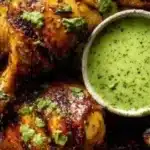 Delicious Peruvian chicken served with creamy green sauce on a rustic plate