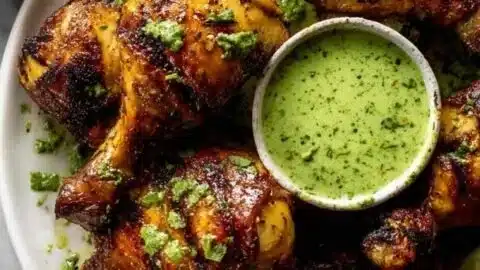 Delicious Peruvian chicken served with creamy green sauce on a rustic plate
