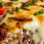 Philly Cheesesteak Meatloaf topped with melted cheese and peppers on a plate