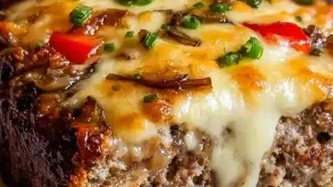 Philly Cheesesteak Meatloaf topped with melted cheese and peppers on a plate