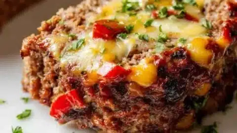 Delicious Philly Cheesesteak Meatloaf garnished with peppers and melted cheese