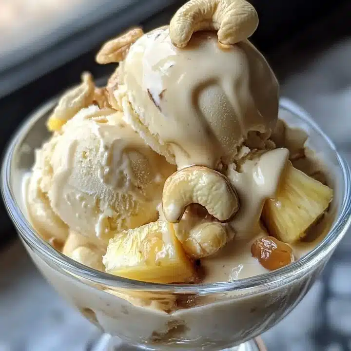Homemade Pineapple Cashew Ice Cream in a bowl, topped with fresh pineapple pieces.