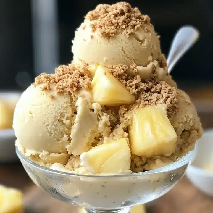 Delicious bowl of Pineapple Cashew Ice Cream topped with fresh pineapple and cashews