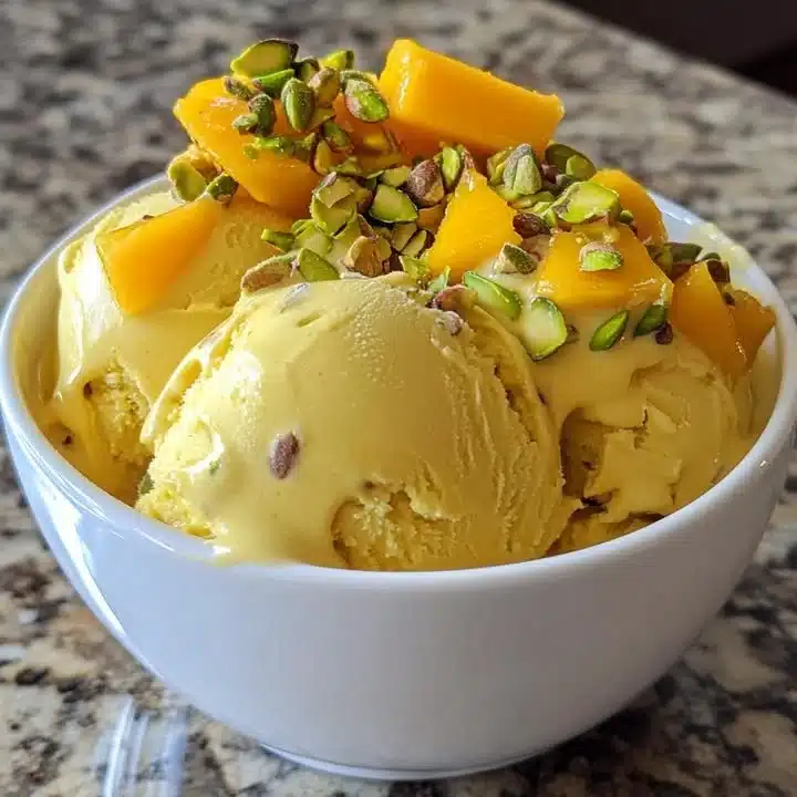 Delicious pistachio mango ice cream served in a bowl with fresh mango slices.
