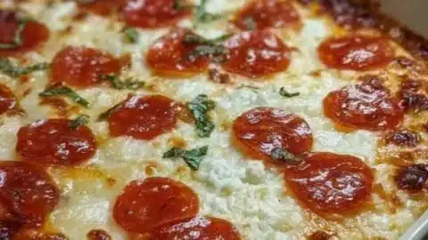 Delicious Pizza Style Cottage Cheese Bake topped with fresh ingredients