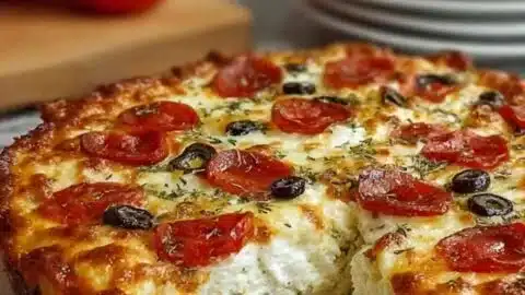 Delicious Pizza Style Cottage Cheese Bake served in a dish with toppings.
