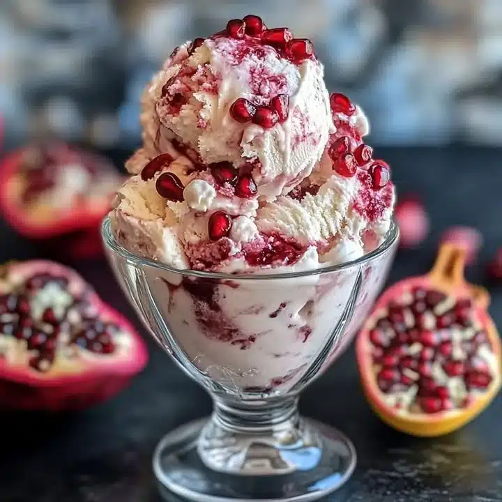 Delicious bowl of pomegranate ice cream topped with fresh pomegranate seeds