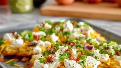 Delicious protein breakfast loaded hash browns topped with vegetables and eggs