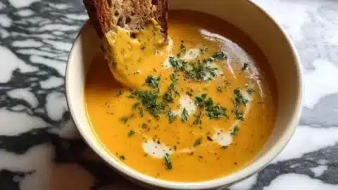 Bowl of protein-packed butternut squash soup garnished with herbs