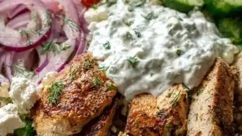 Protein-Packed Greek Chicken Power Bowl topped with Tzatziki sauce.
