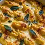 Pumpkin Gouda stuffed shells with brown butter sage Alfredo sauce in a dish
