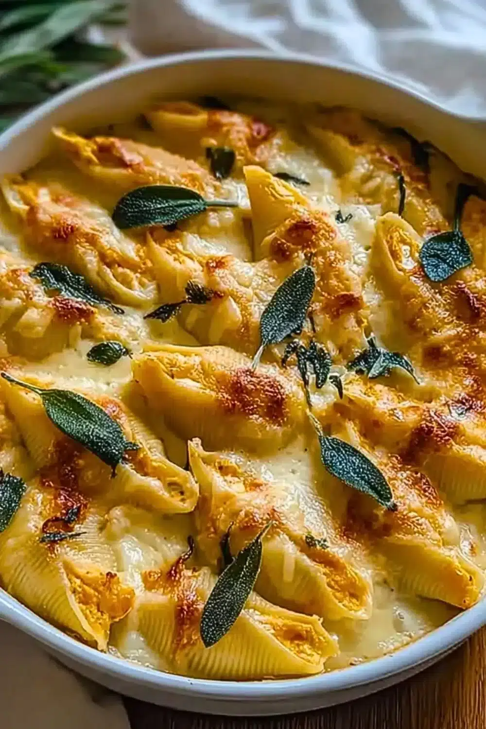 Pumpkin Gouda stuffed shells with brown butter sage Alfredo sauce in a dish
