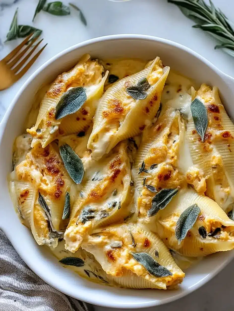 Pumpkin Gouda stuffed shells topped with brown butter sage Alfredo sauce