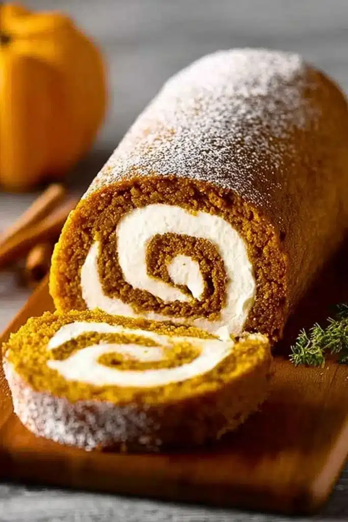 Delicious pumpkin roll dessert with cream cheese filling on a plate