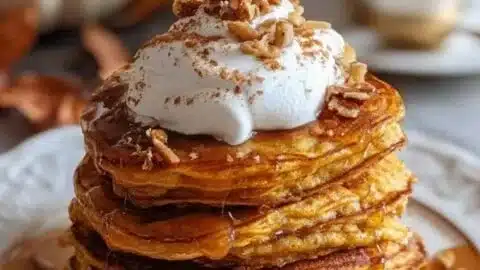 Delicious Pumpkin Spice Cottage Cheese Pancakes stacked with syrup