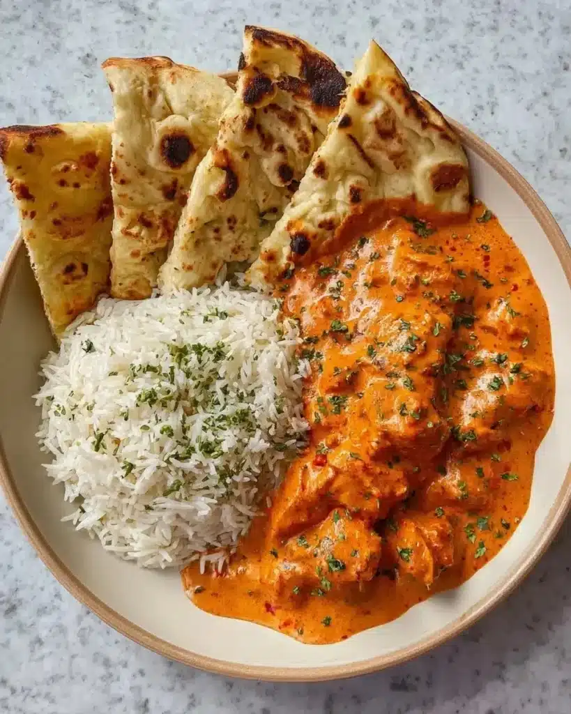 Delicious homemade butter chicken served with rice and naan bread.