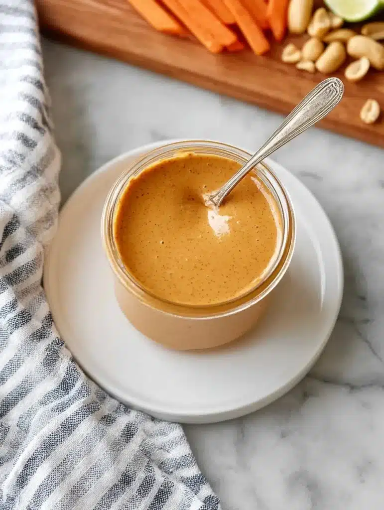 Delicious quick peanut sauce served in a bowl with a drizzle.