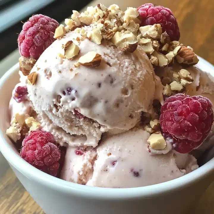 Bowl of Raspberry Hazelnut Ice Cream with fresh raspberries and hazelnuts