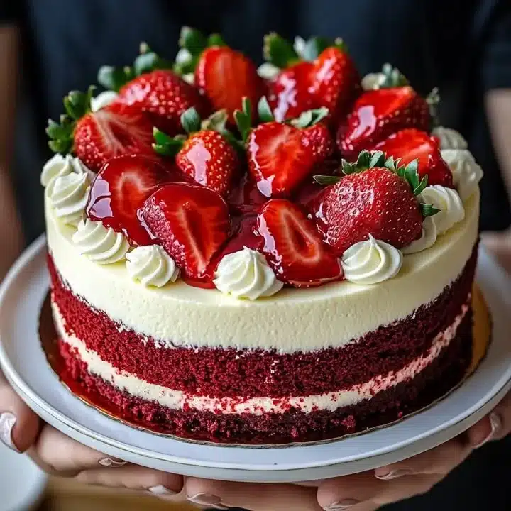 Delicious Red Velvet Strawberry Cheesecake topped with fresh strawberries