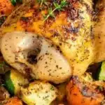 Perfectly roasted Cornish hen with colorful seasoned vegetables on a plate.