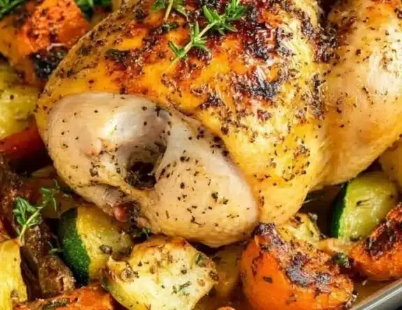 Perfectly roasted Cornish hen with colorful seasoned vegetables on a plate.