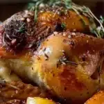 Perfectly roasted Cornish hens served on a platter with herbs and vegetables.