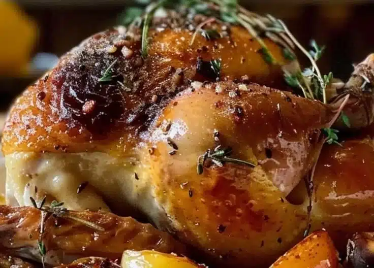 Perfectly roasted Cornish hens served on a platter with herbs and vegetables.