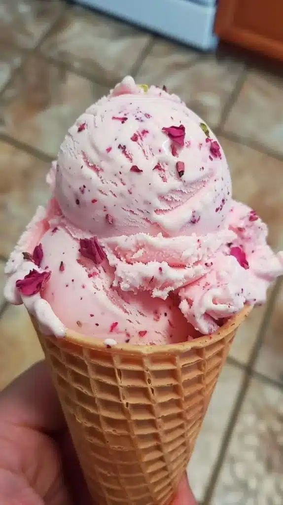 Delicious rose ice cream in a colorful bowl with edible rose petals