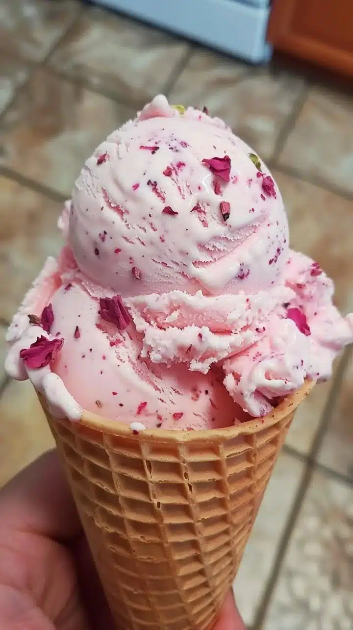 Delicious rose ice cream in a colorful bowl with edible rose petals