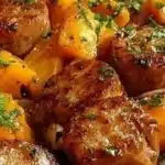 Sausage and Sweet Potatoes with Honey Garlic Sauce served in a bowl
