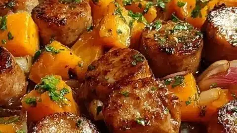 Sausage and sweet potatoes with honey garlic sauce in a colorful dish
