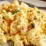 Delicious scrambled eggs with cottage cheese served on a plate