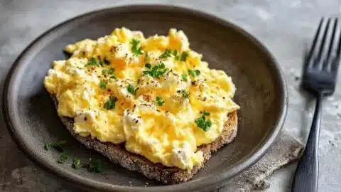 Scrambled eggs with cottage cheese served in a bowl with herbs on top