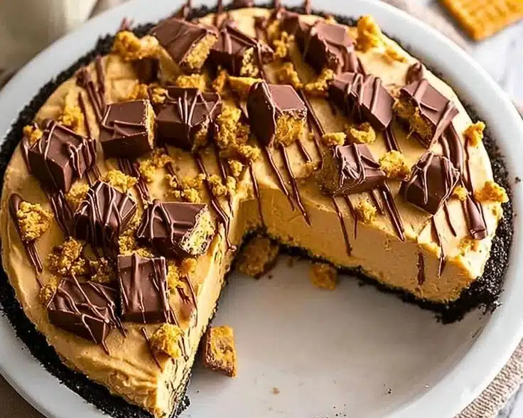 Delicious no bake peanut butter pie garnished with chocolate drizzle.