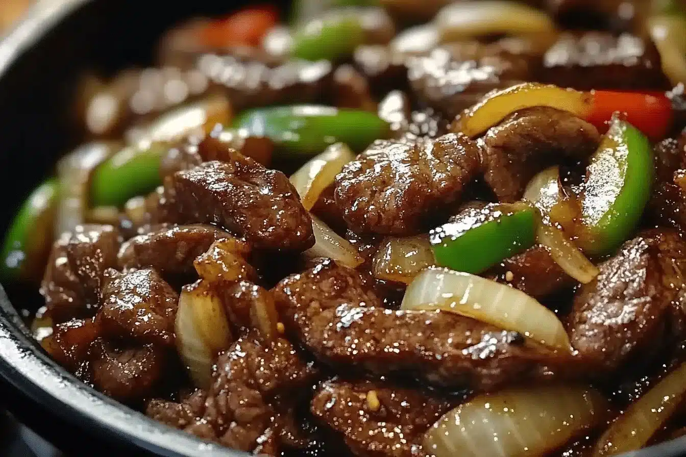 Delicious Chinese Pepper Steak with Onions served in a sizzling plate