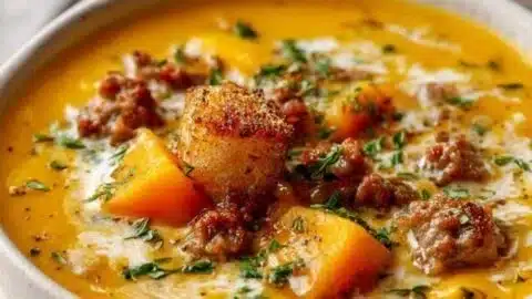 Bowl of slow cooker butternut squash and sausage soup topped with herbs.