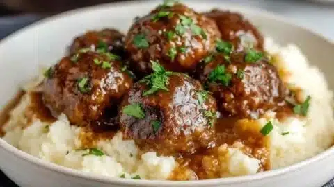 Slow Cooker Salisbury Steak Meatballs simmering in a savory sauce