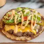 Delicious smash burger tacos ready to be served with toppings.