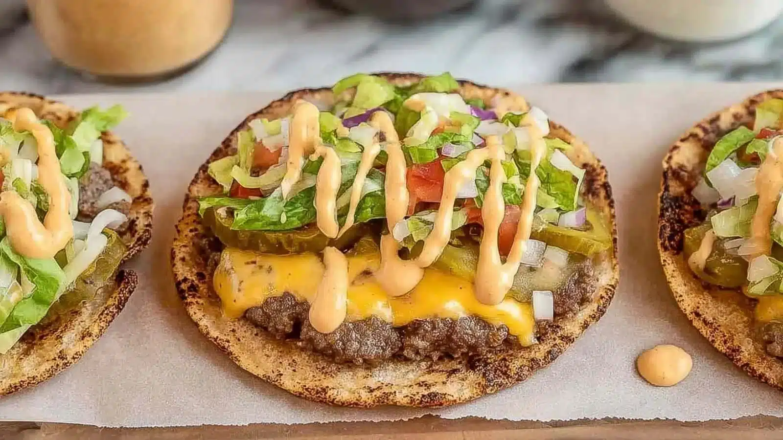 Delicious smash burger tacos ready to be served with toppings.